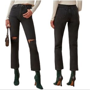 REFORMATION Cynthia High Rise Straight Jeans Lagoon Destroyed Black Wash Size 25
